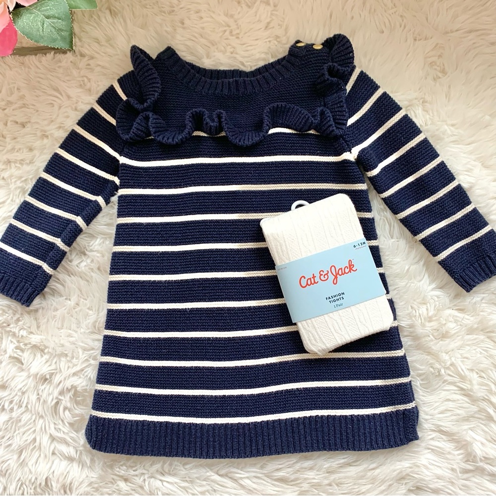 Baby Gap Cotton Knit Striped Sweater Dress & NWT Tights Baby Girl 6-12M